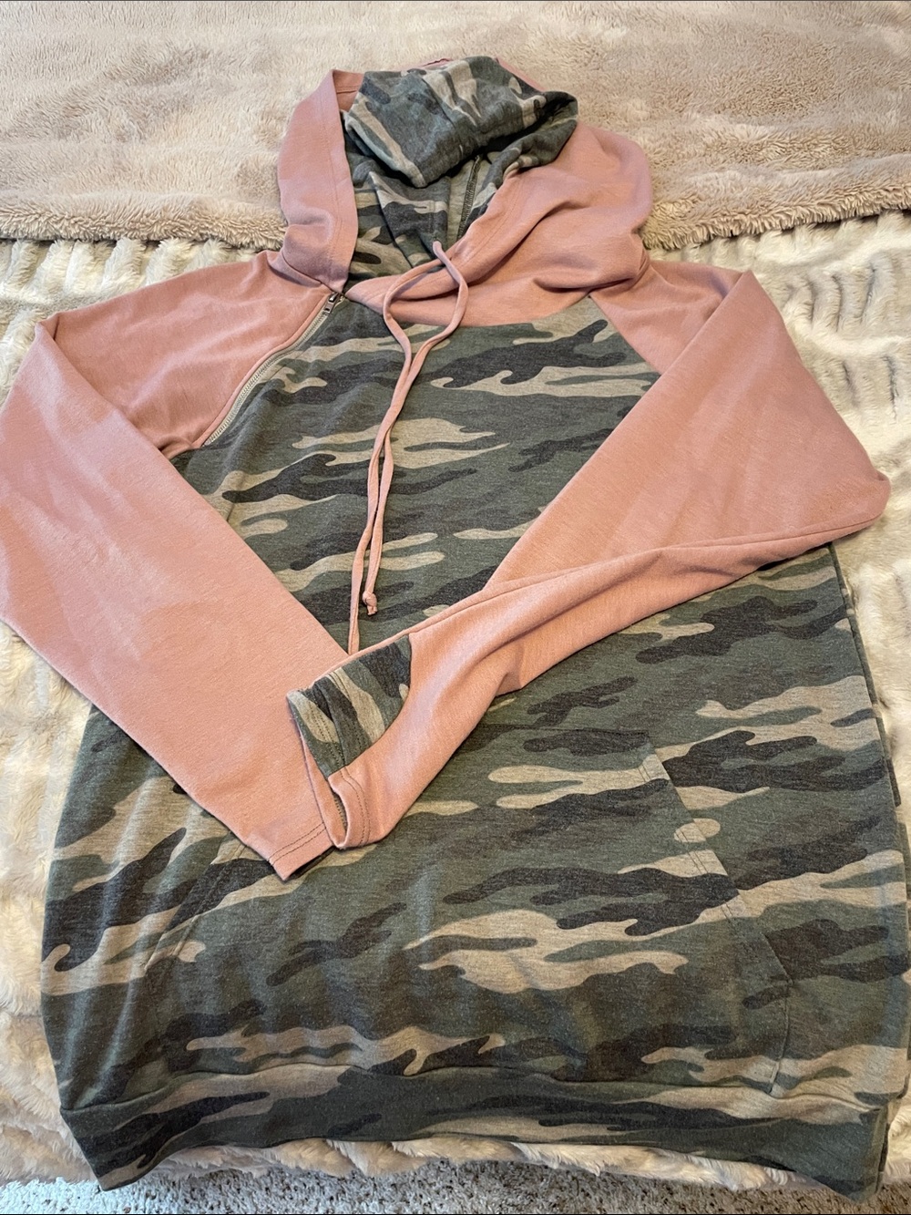 Camo Pullover Hoodie with Dusty Pink Sleeves